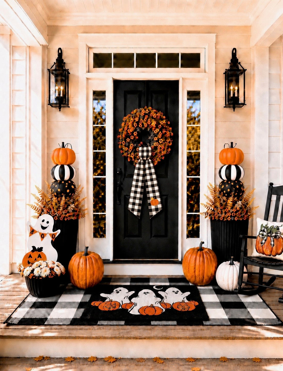 Ghosts porch package add-on with standing ghost, BOO banner and patterned pumpkins