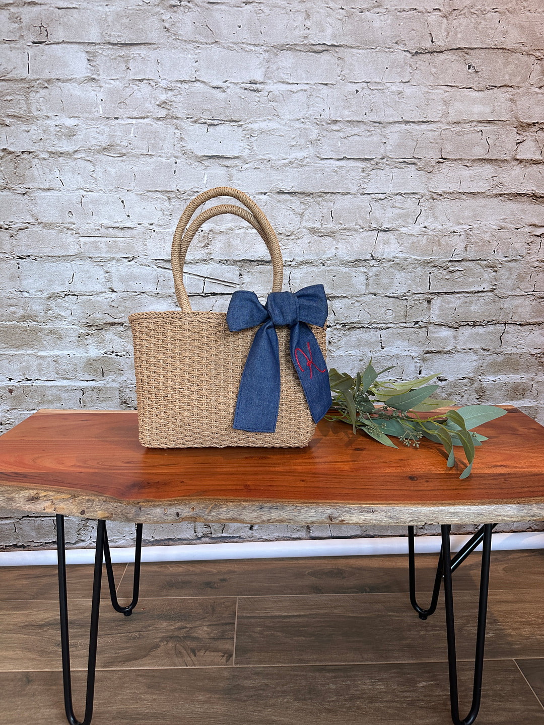 Straw Purse with Custom Denim Ribbon