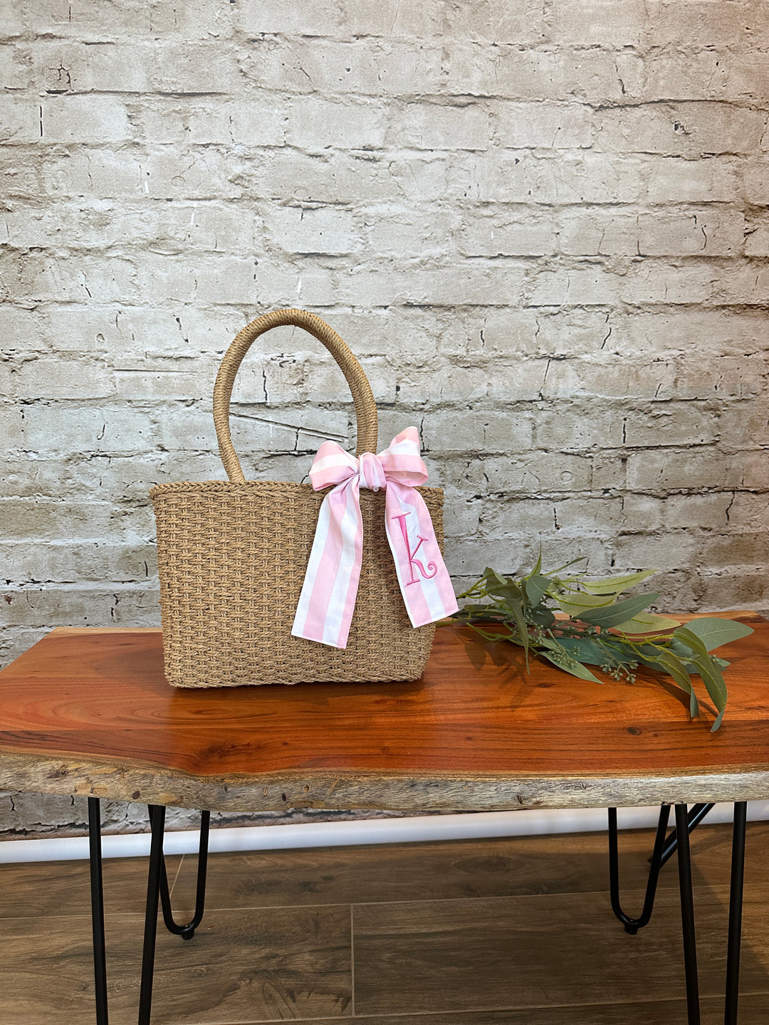 Straw Purse with Custom Pink Ribbon