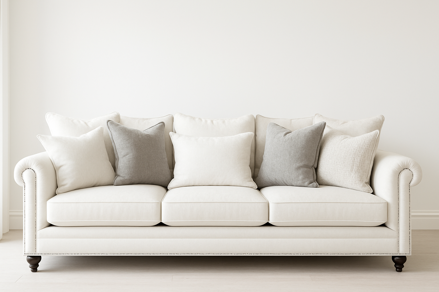 Ok, I like that, but needs some color to it....how about some gray throw pillows and the couch is directly facing us with no angle.